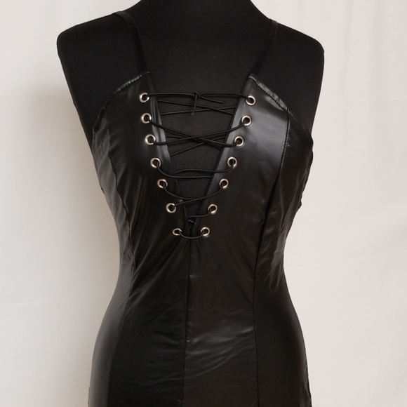 Black Faux Leather Lace Up Dress - Picture 7 of 8